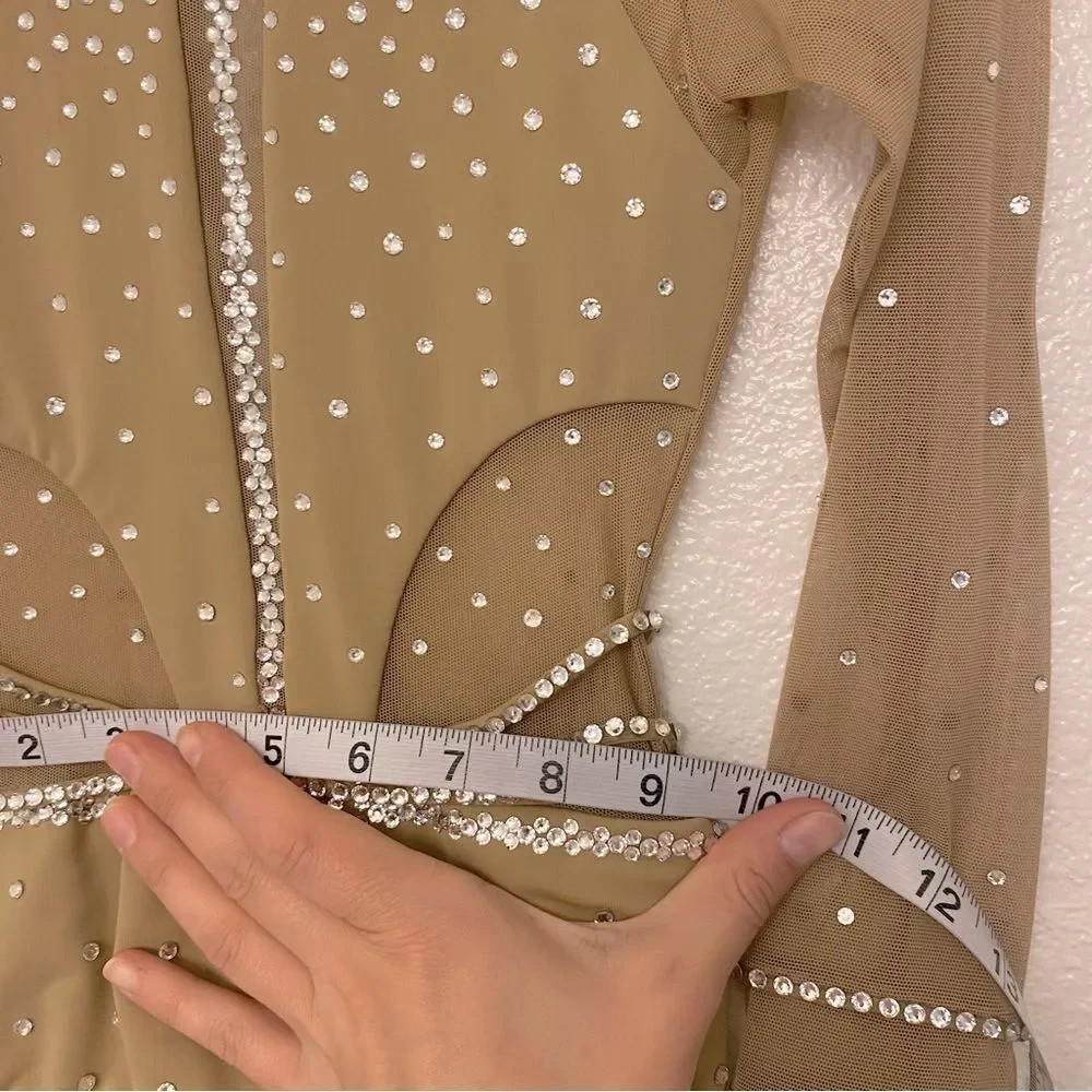 LA dance solo custom tan nude beige illusion leotard costume bedazzled bling LC